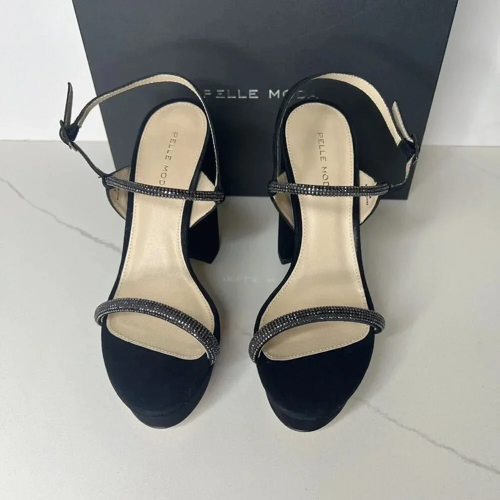 Pelle Moda Olina Slingback Platform Block Heels Sandals Black Sz 9.5